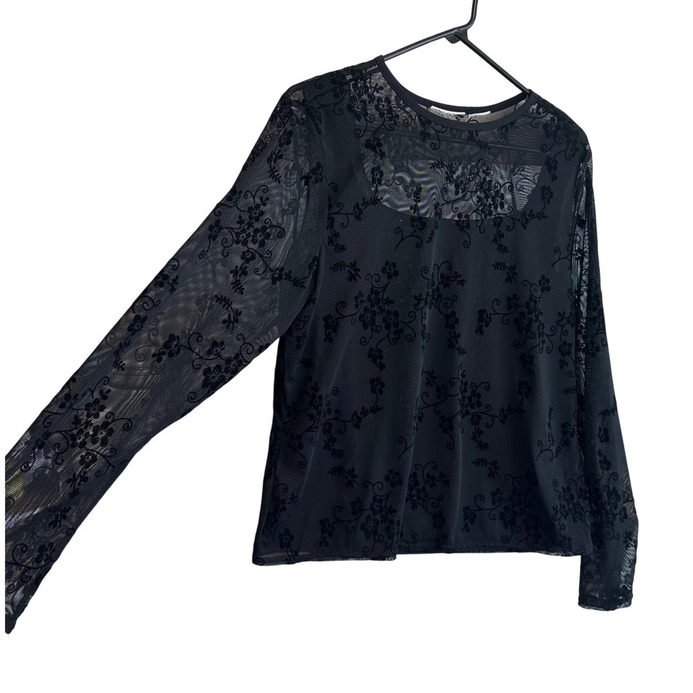 Black Sheer Whimsigoth Blouse Velvet Floral Long Sleeve Dark Fairy Witchy Sheer